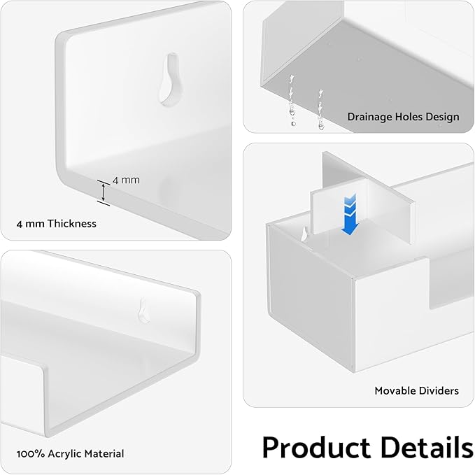 HIIMIEI Bathroom Shelves Wall Mounted: White Floating Shelf with Hand Towel Bar, 14.9in Acrylic Hanging Shelves Over Toilet, Set of 3 Bathroom Organizers Rack for Skin Care, Perfume, Lotion Storage