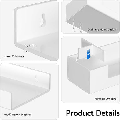 HIIMIEI Bathroom Shelves Wall Mounted: White Floating Shelf with Hand Towel Bar, 14.9in Acrylic Hanging Shelves Over Toilet, Set of 3 Bathroom Organizers Rack for Skin Care, Perfume, Lotion Storage