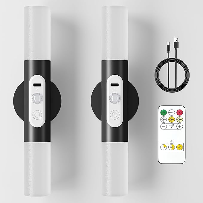 Motion Sensor Wall Lights with Remote Control, LED Rechargeable Battery Operated Wall Sconces Set of Two for Bedroom, Wireless Night Light for Indoor Stairway, Hallway, Black