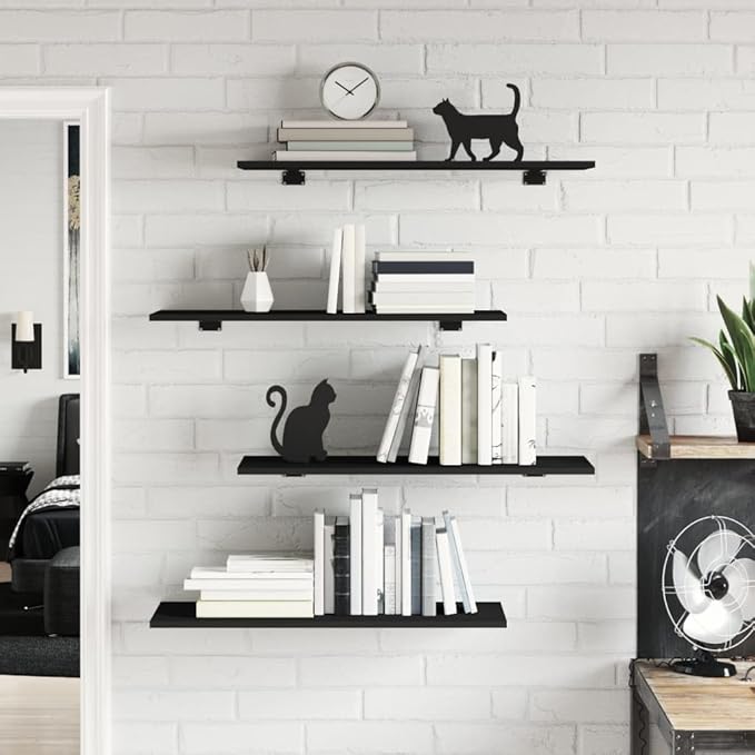 Set of 4 Wall Mounted Floating Shelves, 31.5 x 11.8 Inch Engineered Wood Display Shelf for Living Room, Kitchen, Bedroom, Black Matte Finish Storage Organizer