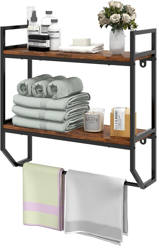 Giantex Wall Mounted Bathroom Shelves with Towel Bar, Industrial 2-Tier Over The Toilet Storage Organizer with Metal Frame, Wooden Wall Shelves, Floating Shelves for Bathroom, Kitchen, Living Room