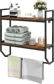 Giantex Wall Mounted Bathroom Shelves with Towel Bar, Industrial 2-Tier Over The Toilet Storage Organizer with Metal Frame, Wooden Wall Shelves, Floating Shelves for Bathroom, Kitchen, Living Room