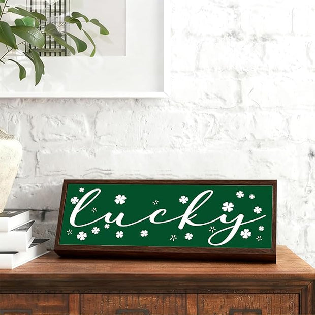 St Patricks Day Decoration, Happy St. Patrick's Day Wooden Wall Art, Lucky Shamrocks Decoration, Rustic Farmhouse Decor for Shelf, Home Decor, Irish Gift for Women Men 9.5x3.1x1 inches