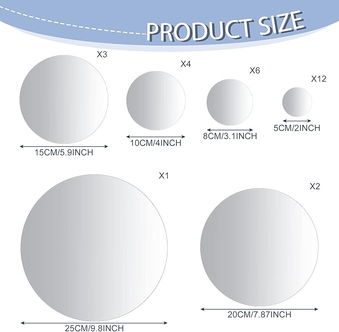 Jetec 28 Pcs Real Glass Round Mirror Tiles Frameless Wall Glass Tiles Round Wall-Mount Mirrors with Acrylic Double Sided Adhesive for Bedroom Bathroom Craft(2/3/4/6/8/10 Inch)