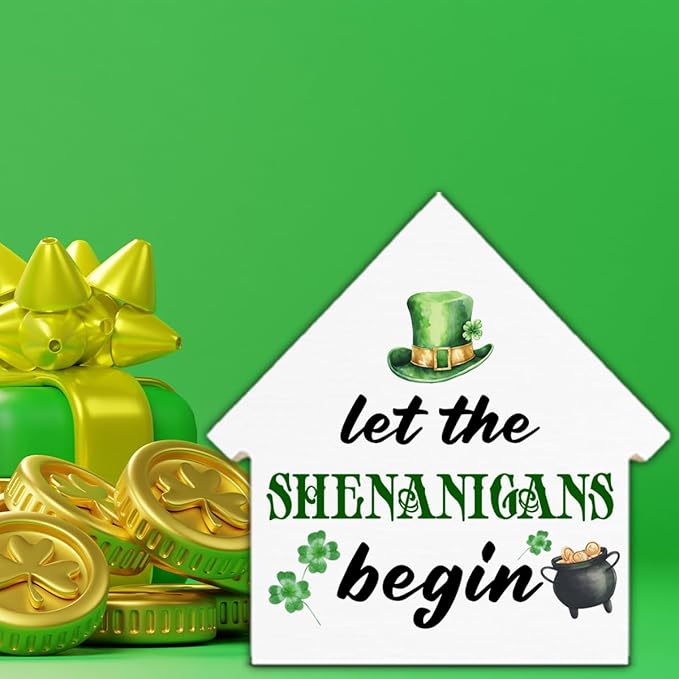 Funny St. Patrick's Day Irish Decor, Let the Shenanigans Begin House Shaped Wood Block Sign, Home Decor for Desk Table Shelf, St Patricks Day Decorations