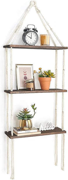 Mkono Macrame Wall Hanging Shelf 3 Tier Wood Floating Shelves with Cute Woven Rope Boho Room Decor Display Photos Plant Hanging Storage Shelves for Bathroom, Bedroom, Living Room, Nursery