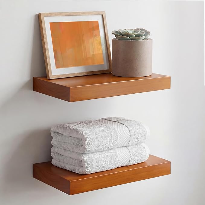 Homeforia 12 inch Oak Floating Shelf, High End Solid Real Wood 12inch Small Floating Shelves for Wall Mounted, Honey Oak Wooden 12in Floating Shelves, Heavy Duty Bracket, 12 X 6.5 X 1.75 in, Set of 2