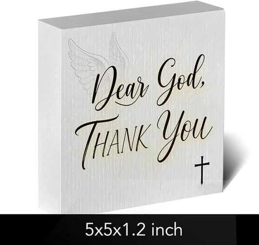 Christian Wooden Box Sign5x5 Inch - "Dear God, THANK YOU" Rustic Christian Home Decor, Farmhouse Style Shelf Desk Table Decoration for Bathroom Living Room