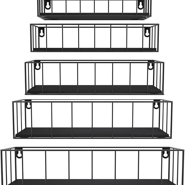 CRUGLA Black Floating Shelves Wall Mounted Set of 5, Hanging Wall Shelf with Rail for Bathroom, Bedroom, Living Room, Kitchen