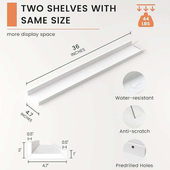 Picture Ledge Shelf, Floating Shelves Set of 2, 36 Inches Nursery Book Shelves for Toys Storage, Kids Bookshelf Wall Mounted for Living Room Bedroom Decor Books Photo Frames, White