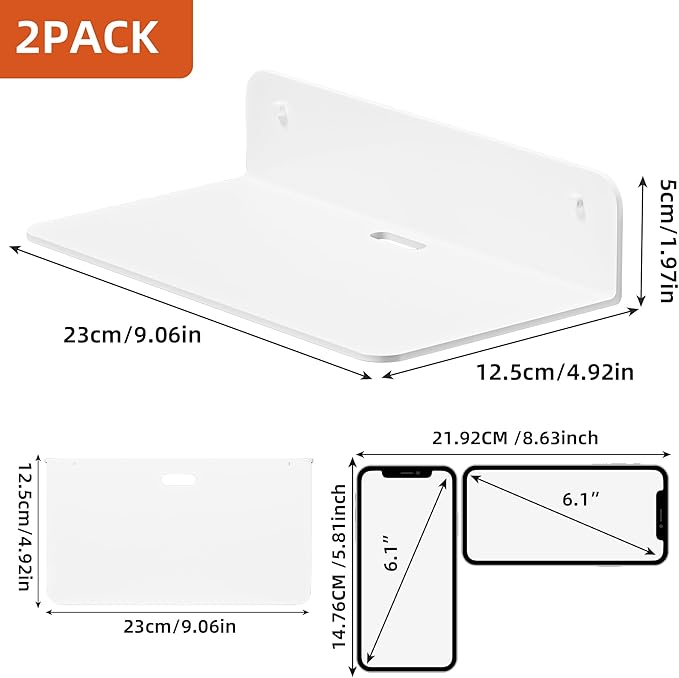 Small Floating Shelves, 9" Adhesive Wall Shelf with Cable Hole, No Drilling, Metal Display Ledges for Living Room, Bedroom, Bathroom (Glossy White, 2 Pack)