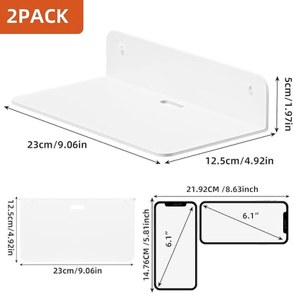 Small Floating Shelves, 9" Adhesive Wall Shelf with Cable Hole, No Drilling, Metal Display Ledges for Living Room, Bedroom, Bathroom (Glossy White, 2 Pack)