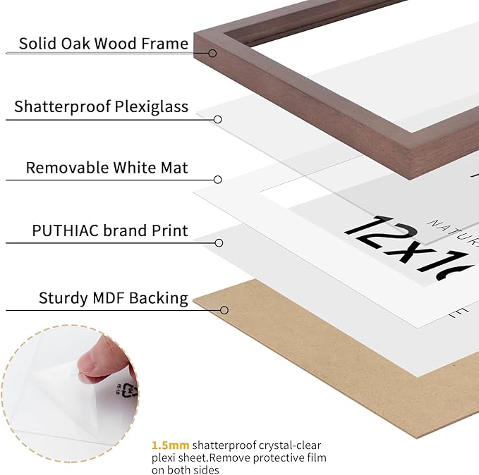 puthiac 12x16 Solid Oak Wood Picture Frame, Fits 8x12 with Mat or 12x16 Without Mat, Wall Display Only, Vertical or Horizontal, Plexi Front, 1 Pack, Walnut