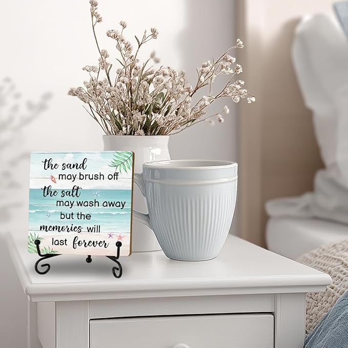 Beach Wooden Sign Desk Decor Wood Plaque with Support Stand, Coastal Decor Beach Summer Decorations for Home Office Porch Beachy Room Shelf Desk Accessories, Summer Vacation Gifts for Women Men Friend