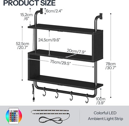 HOOBRO Floating Shelves with LED Lights, 29.5" LED Wall Mounted Gaming Shelf, 3-Tier Pipe Display Rack with Hanging Rod and 4 S-Hooks, for Storage Livingroom, Bedroom, Kitchen, Black BB21DBJ01