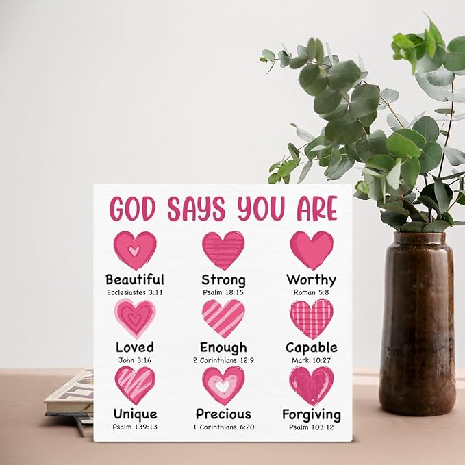 Valentines Day Decor - Valentines Decor - Christian Desk Sign - God Says You Are Loved Bible Verse Wood Sign Home Living Room Bedroom Desk Shelf Table Tabletop Decorations 5×5 Inches