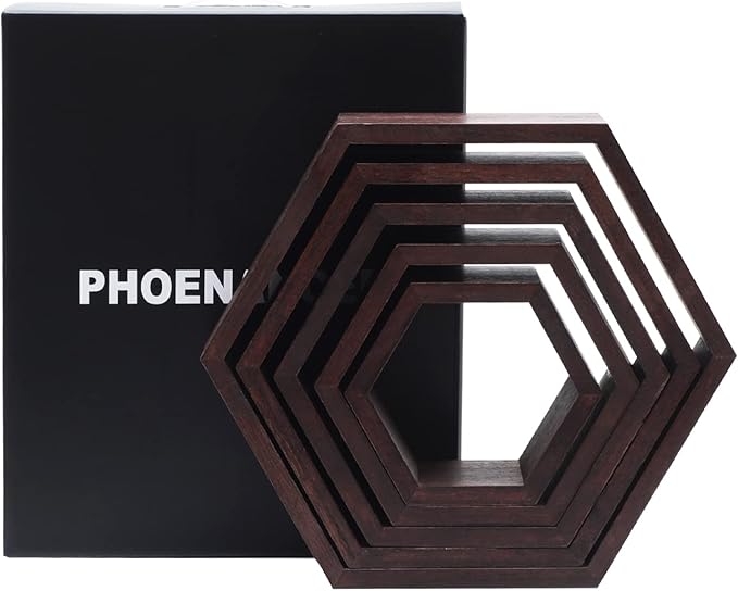 PHOENANCEE Hexagon Floating Shelves,Wall Mounted Wood Farmhouse Storage Honeycomb Wall Shelf Set of 5,for Bathroom, Kitchen, Bedroom, Living Room,Office,Driftwood Finish (Walnut)