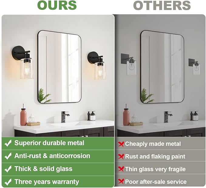 Set of 2 Wall Sconces for Bathroom,Black Modern Vanity Lights with Clear Glass Shade,Bathroom Wall Lamp for Mirror Kitchen Living Room Hallway Cabinet Porch