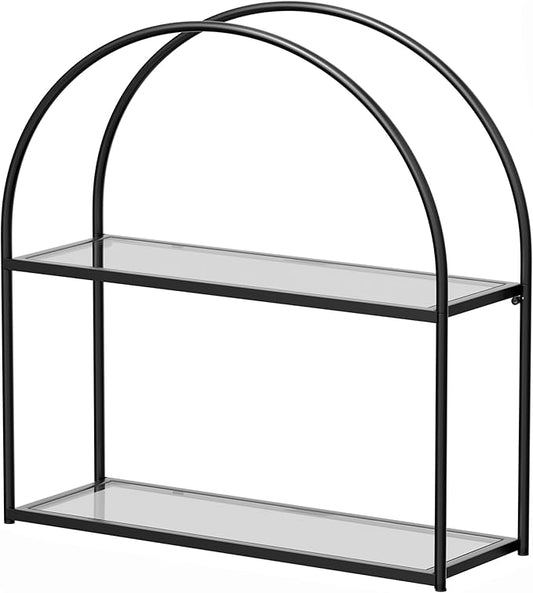Crofy Black Arched Frame Wall Shelf, Decorative 2 Tier Bathroom Wall Shelf with Transparent Tempered Glass Shelves and Robust Storage Capacity, 5.1" D x 16.3" W x 18.6" H