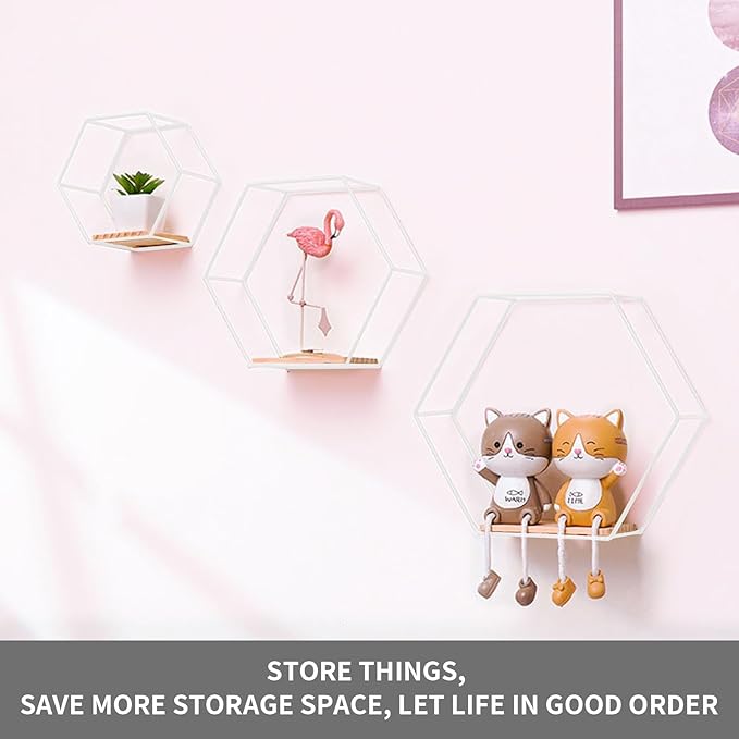 Modern Metal White Hexagonal Floating Shelves - Set of 3, Wood Partition Shelves for Bedroom, Living Room, Kitchen, Office, Plants and Art