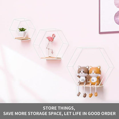 Modern Metal White Hexagonal Floating Shelves - Set of 3, Wood Partition Shelves for Bedroom, Living Room, Kitchen, Office, Plants and Art