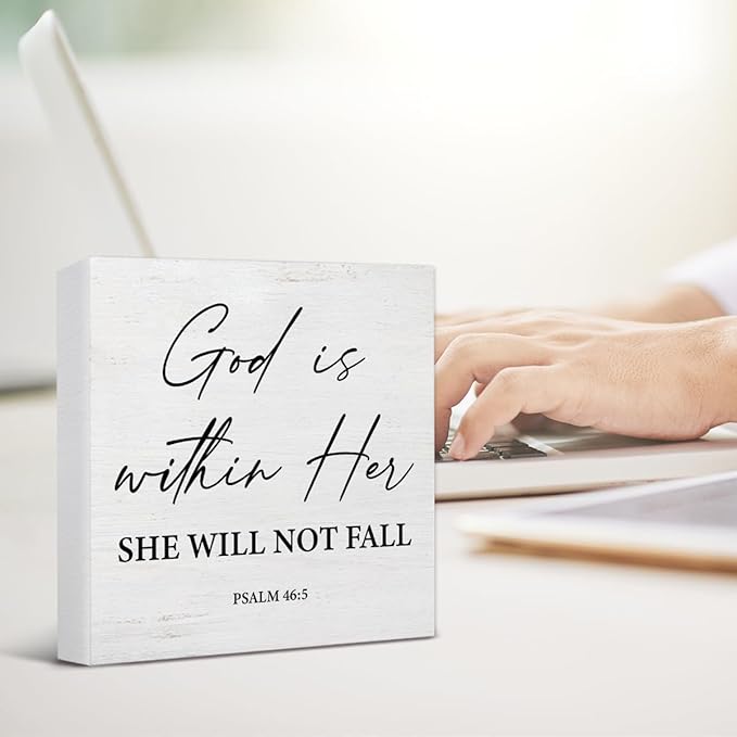 Christian Desk Decor Bible Verses Religious Gifts for Women Her, Inspirational God Is Within Her Psalm 46:5 Wooden Sign Farmhouse Christian Decorations for Home Office Desk Shelf Table