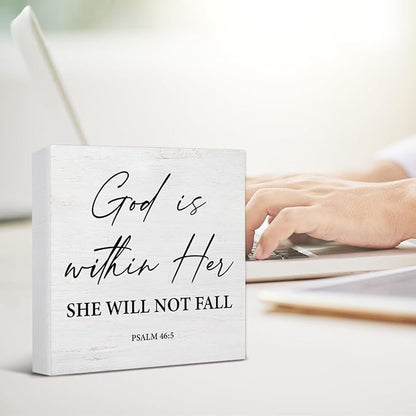 Christian Desk Decor Bible Verses Religious Gifts for Women Her, Inspirational God Is Within Her Psalm 46:5 Wooden Sign Farmhouse Christian Decorations for Home Office Desk Shelf Table