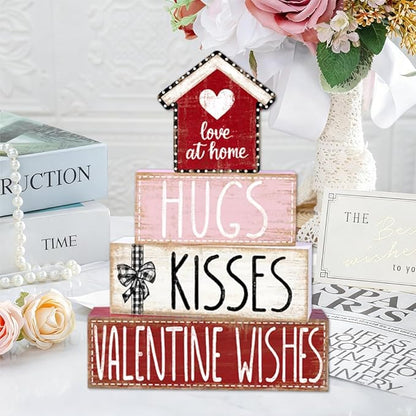 DIYDEC 4Pcs Valentine's Day Table Decoration Valentine House Wooden Block Signs Rustic Valentine Tiered Tray Decor Valentines Day Centerpiece Sign for Farmhouse Holiday Tabletop Home Party Decor