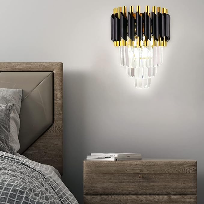 FRIXCHUR Crystal Wall Sconce Black Modern Lamp Mounted Light Fixture for Bedroom Bedside Living Room Hallway Bathroom 2X E12 Base