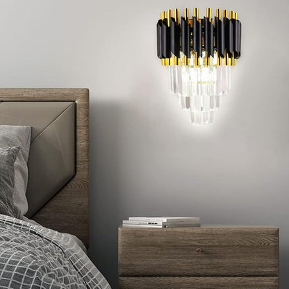 FRIXCHUR Crystal Wall Sconce Black Modern Lamp Mounted Light Fixture for Bedroom Bedside Living Room Hallway Bathroom 2X E12 Base