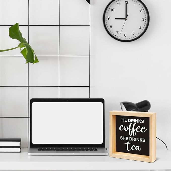 Funny Coffee and Tea Bar Decor - Coffee Lover Gift Ideas for He She - Double-sided Wood Box Sign for Home Kitchen Farmhouse Office Desk Shelf Decor