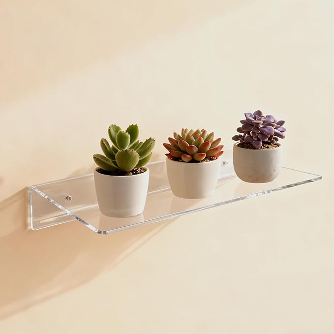 6 Pack Acrylic Floating Shelves, 12 x 6 inch Clear Wall Mounted Display Storage Rack, 4.5 mm Thick Invisible Acrylic Shelf for Living Room, Office, Bedroom