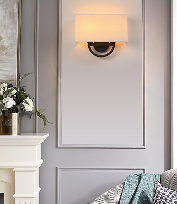 Yosoan 2-Light White Fabric Cloth Boho Wall Sconce Stairwell Fixture Light, Indoor Hardwired Vanity Dual Vintage Black Metal Base Wall Mount Lighting Square Fabric Shade for Bedside Hallway Kitchen