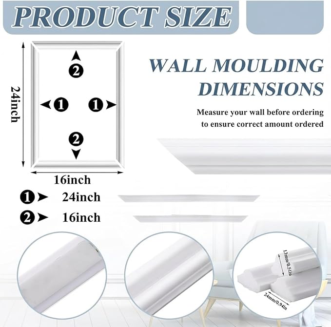 6 Set Accent Peel and Stick Wall Molding Kit Premade Wainscoting Panels Wall Molding Panel White Pre Cut Trim for Walls Picture Frame Decor for Home Decoration (16 x 24 Inch)