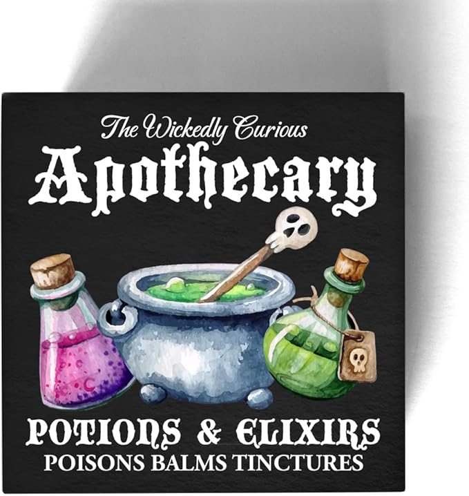 Halloween Sign Halloween Apothecary Potions Wooden Sign Gothic Witchy Decorations for Home Kitchen Shelf 5 X 5 Inches