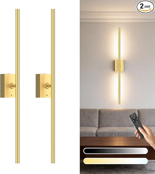 Battery Operated Wall Sconce Set of Two - 10000mAh Cordless Rechargeable Wall Sconces with Remote & Touch Control, 360°Rotate, 4CCT Dimmable Gold Wall Lights for Bedroom Living Room, 31.5 inch