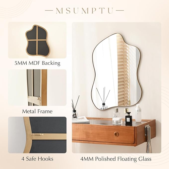 Irregular Wall Mirror Brass Wave Shaped Metal Framed Wall Mirror for Bathroom Bedroom Entryway Living Room Wall Decor 30.5