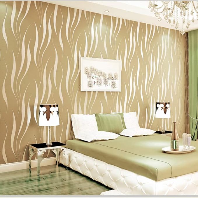 Q QIHANG Simple Fashionable Non-Woven Wallpaper 3D Embossed Three-Dimensional Flocking Foaming Wave Stripes Bedroom Living Room TV Background Wall Shop Decoration20.87 Wx393.7 L Non-Pasted (Beige)