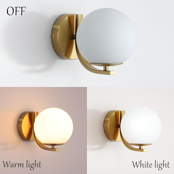Gold Wall Sconces Set of 2, Mid Century Modern Wall Sconce with Globe Frosted Glass Shade, Art Deco Wall Mounted Light Fixture for Living Room, Bedroom, Hallway
