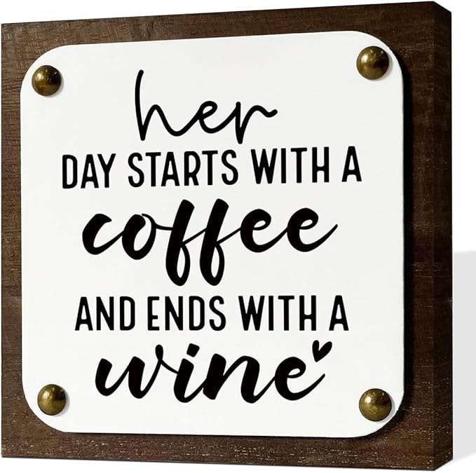 Coffee Wine Sign, Funny Wood Sign, Wooden Box Signs Decors Art, Farmhouse Decor for Shelf, Home Decor Accent, Gift for Her, Her Day Starts With A Coffee and Ends With A Wine Signs