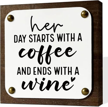 Coffee Wine Sign, Funny Wood Sign, Wooden Box Signs Decors Art, Farmhouse Decor for Shelf, Home Decor Accent, Gift for Her, Her Day Starts With A Coffee and Ends With A Wine Signs