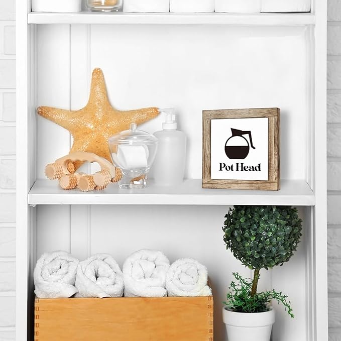 Pot Head Coffee Bar Decor, Box Wooden Plaques Desk Decor, Rustic Pot Head Coffee Sign, Rustic Wood Signs for Kitchen Cafe Bar, Square Wood Block Sign Table Decoration 5.9×5.9 inch