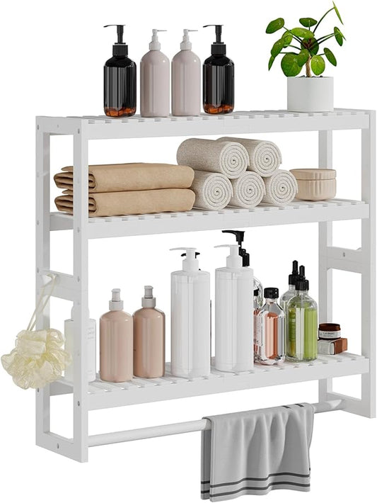 RRX Bathroom Shelf Storage Organizer, Bathroom Shelf 3-Tier Adjustable Layer Bamboo Organizer with Bar,Hanging, Freestanding Over Toilet Utility Shelves,White
