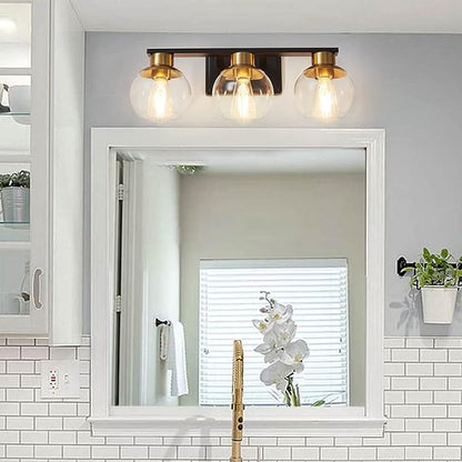 PAZALA 3-Light Bathroom Vanity Lights, Black and Gold Bathroom Light Fixtures Over Mirror with Globe Glass Shade, 22in Modern Wall Sconce for Bathr Mirror Bedroom Hallway, E26 Base(Bulbs Not Included)