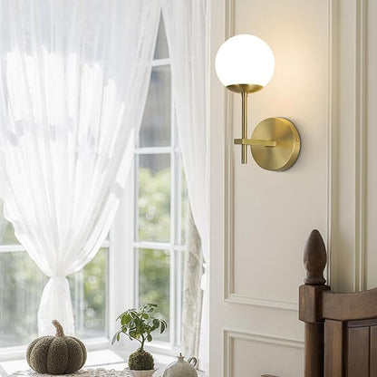 BOKT Brushed Gold Wall Sconce Mid Century Modern 1-Light Globe Round Wall Light Fixture Vintage Bathroom Vanity Wall Sconce Lighting Frosted White Glass Bar Wall Lamp