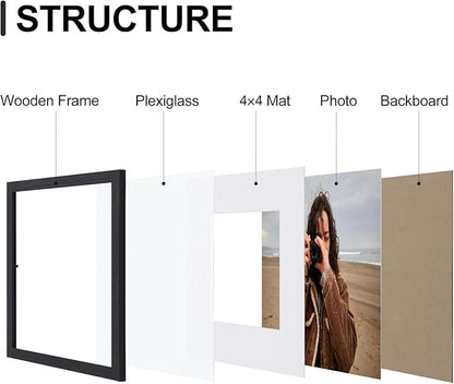 Vittanly 8x8 Picture Frames Set of 9, Shatter Resistant Plexiglass, Display 4x4 Pictures with Mat or 8x8 without Mat, Photo Frames for Wall Mount, Engineered Wood, Black