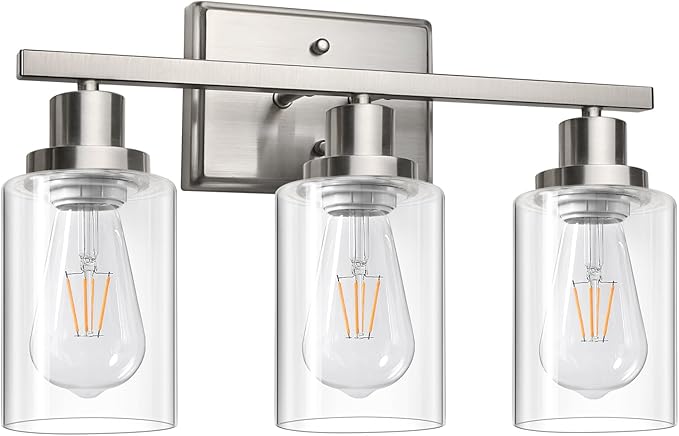 Ascher Bathroom Vanity Light Fixtures, 3 Light Wall Sconces Lighting with Clear Glass Shade, Brushed Nickel Wall Lights for Mirror, Kitchen, Living Room, Gallery, E26 Base (Bulbs Not Included)