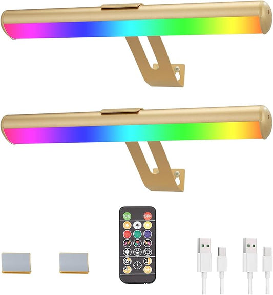 Picture Light 2 Pack, Battery Operated Picture Light, Rechargeable Picture Frame Light, 32 LED, 16 Color Changing, Art Light for Paintings for Display, Picture-Gold