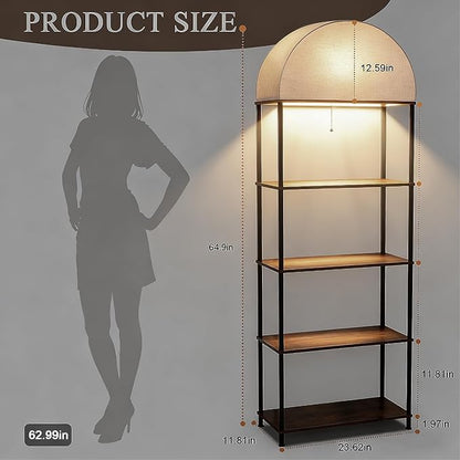 Lighted Arched Bookshelf, 4 Tier Arch Bookcase with Lights, Tall Book Shelf for Ornaments/CDs, Display Storage Shelves for Bedroom/Living Room/Home/Office, Rustic Brown