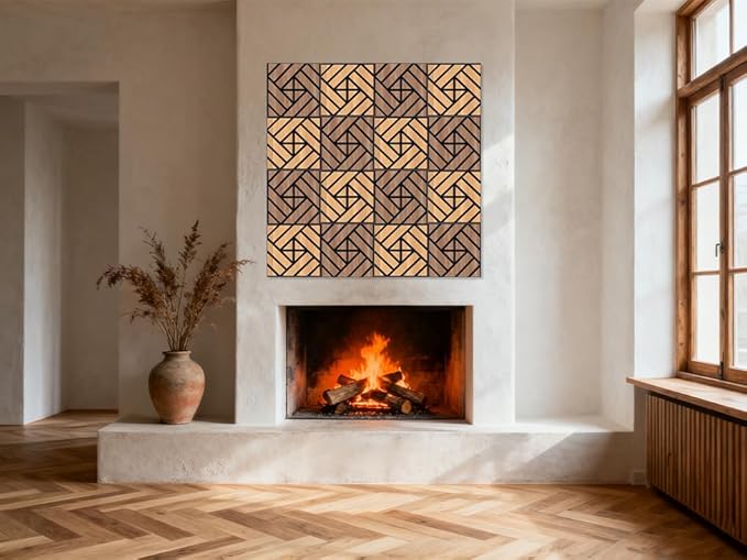 WoveN SounD Artisan Acoustic Wall Panels, 16 Pack 12x12 Inch, Wood Veneer Carved Sound Proof Wall Decor, Self-Adhesive for Home, Studio, Office & Focus Zones, Grid Weave, Teak